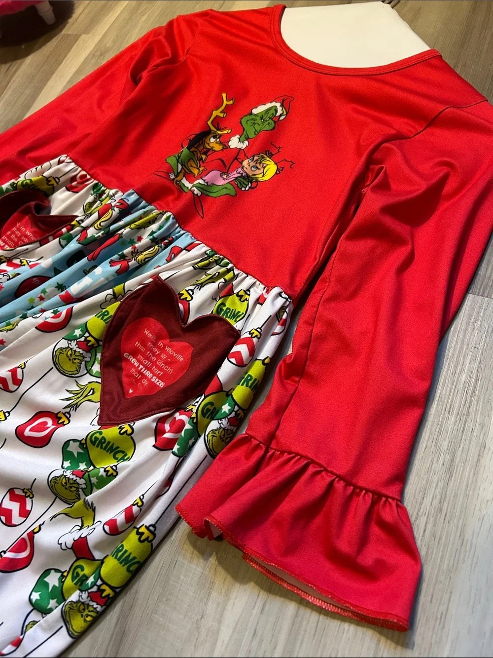Grinch Holiday Dress with Heart Pockets - Red & Multicolor girls 7-8
